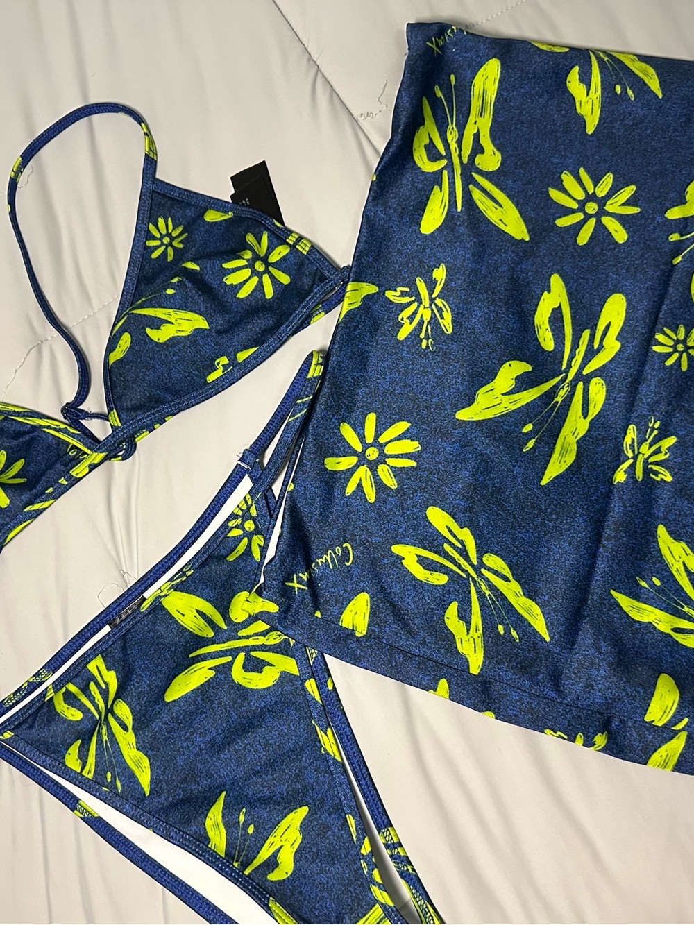 Neon Green Floral Butterfly Blue Triangle Bikini Set - Picture 3 of 3